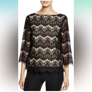 KAREN KANE Black Lace 3/4 length sleeve with nude underlay